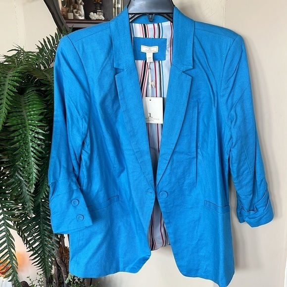 Brand New Jules & Leopold Blue Linen Blazer Ruched Sleeves Lined Tailored - Picture 1 of 15